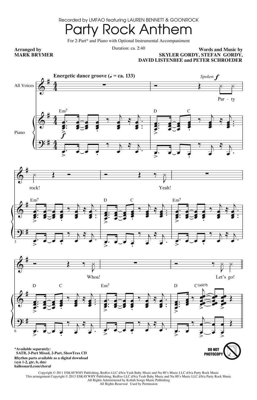 LMFAO: Party Rock Anthem: Mixed Choir and Piano/Organ: Vocal Score
