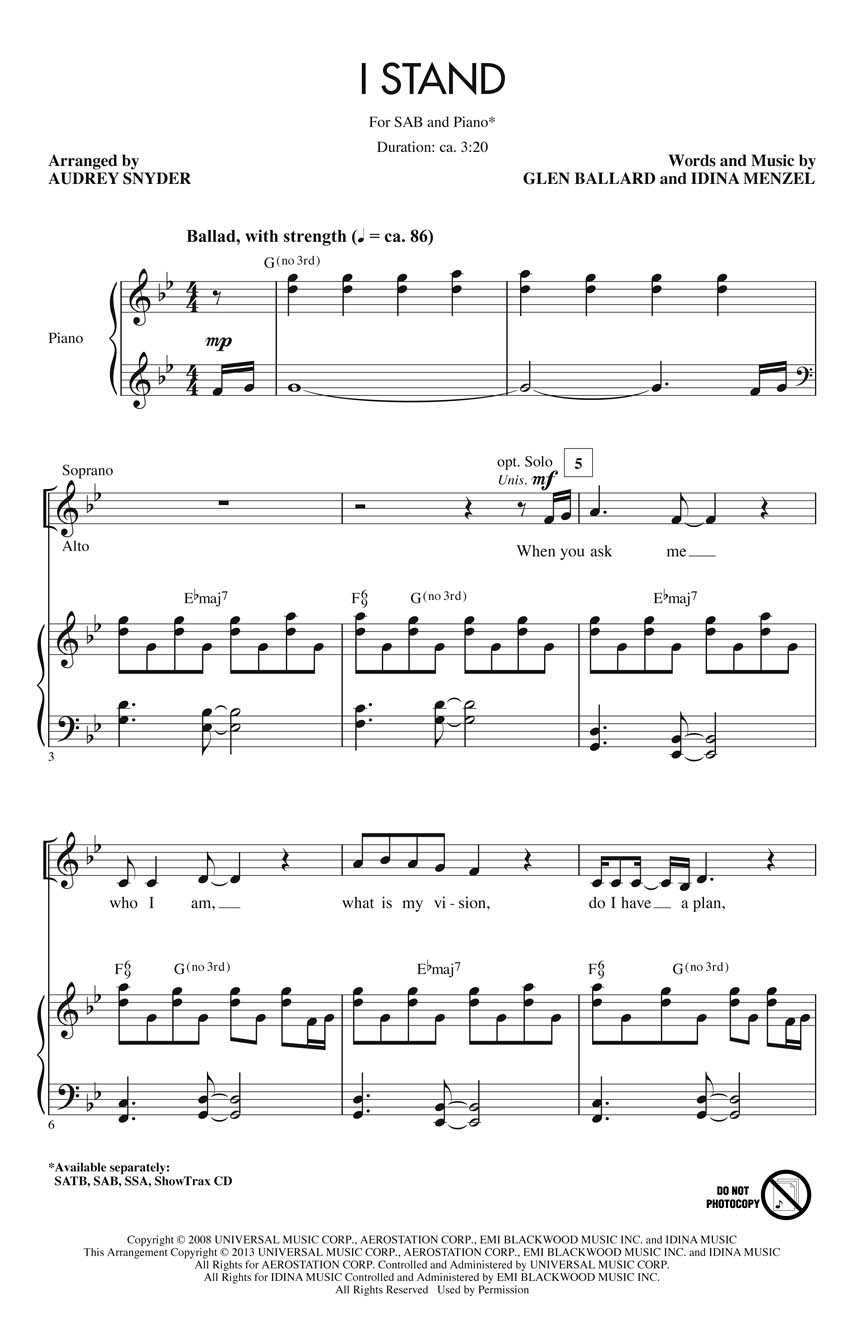 Glen Ballard Idina Menzel: I Stand: Mixed Choir a Cappella: Vocal Score
