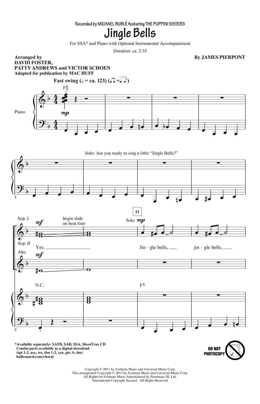 James Pierpont: Jingle Bells: Upper Voices a Cappella: Vocal Score