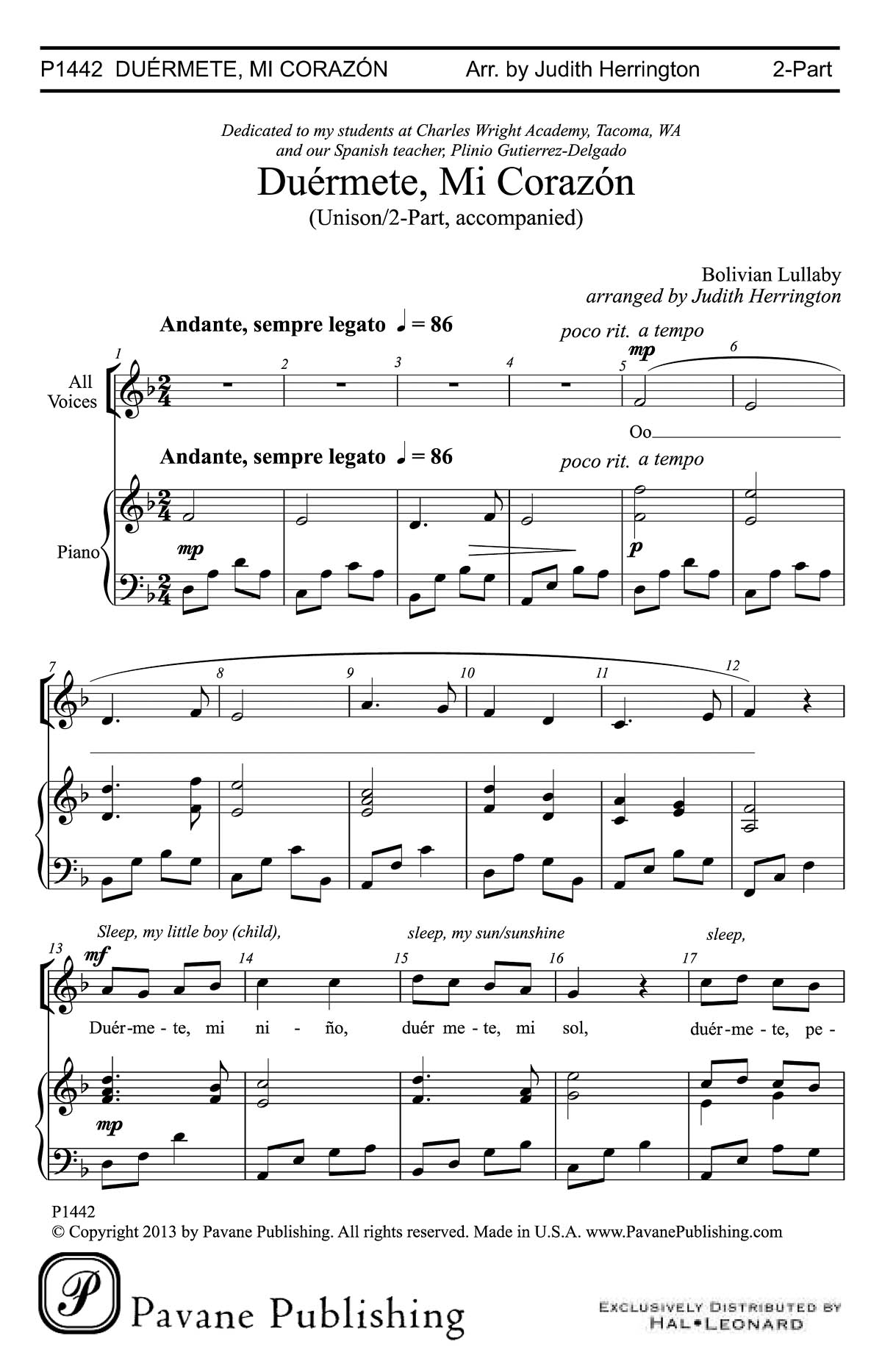 Bolivian Lullaby: Duérmete Mi Corazon: Mixed Choir a Cappella: Vocal Score