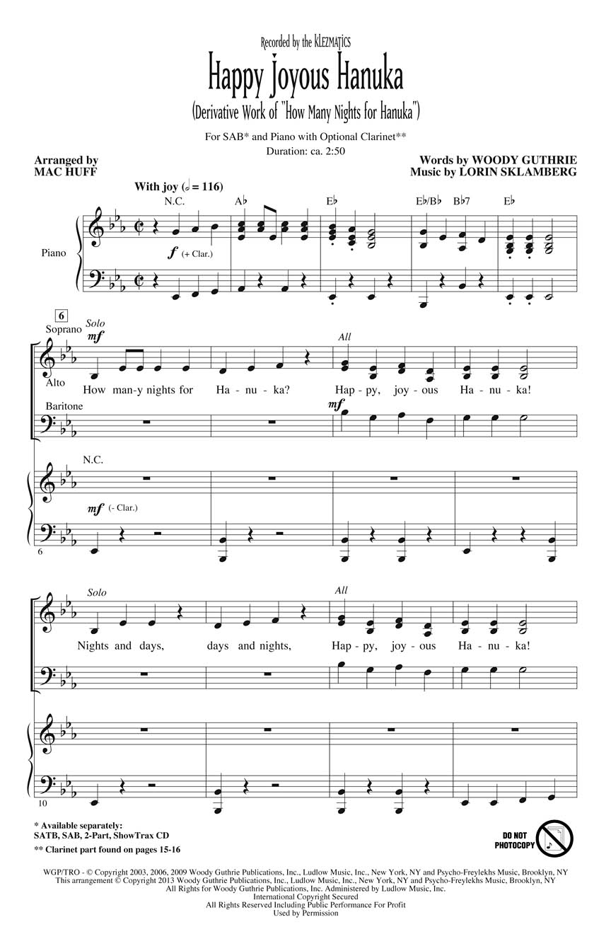 Lorin Sklamberg Woody Guthrie: Happy Joyous Hanuka: Mixed Choir a Cappella: