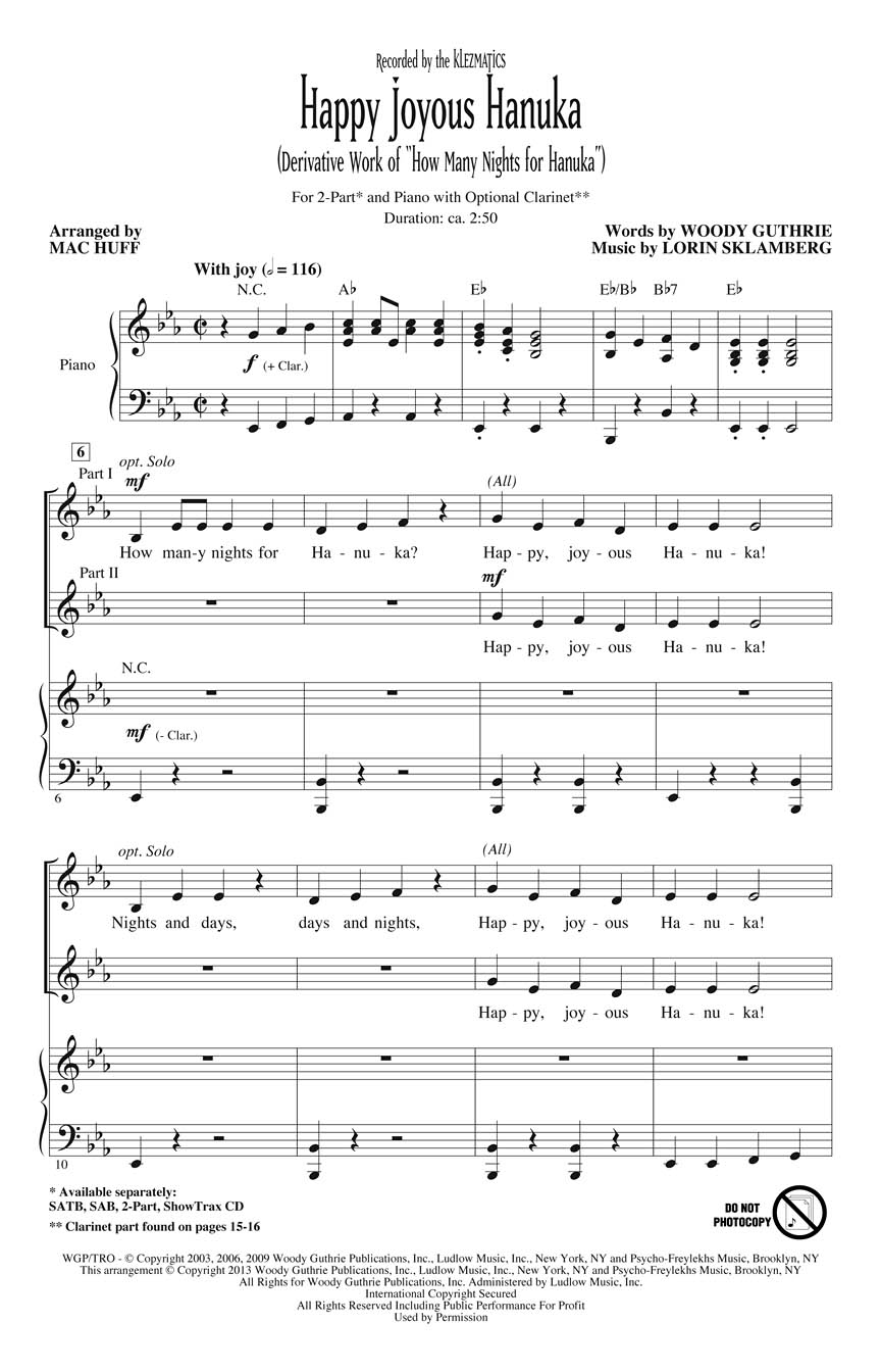Lorin Sklamberg Woody Guthrie: Happy Joyous Hanuka: Mixed Choir a Cappella: