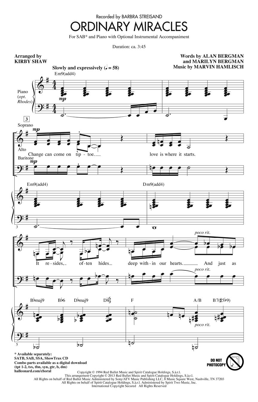Marvin Hamlisch: Ordinary Miracles: Mixed Choir a Cappella: Vocal Score