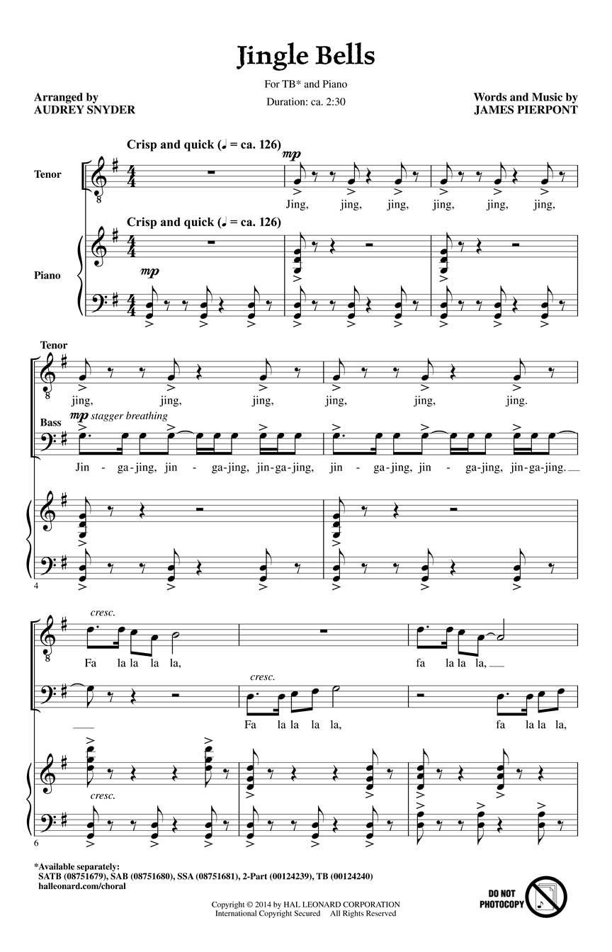 James Pierpont: Jingle Bells: Lower Voices a Cappella: Vocal Score