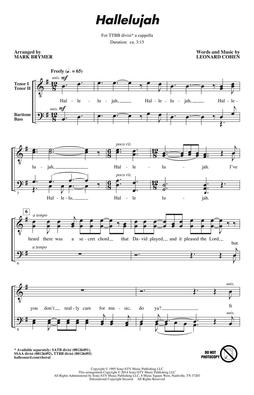Leonard Cohen: Hallelujah - TTBB a Cappella: Lower Voices a Cappella: Vocal