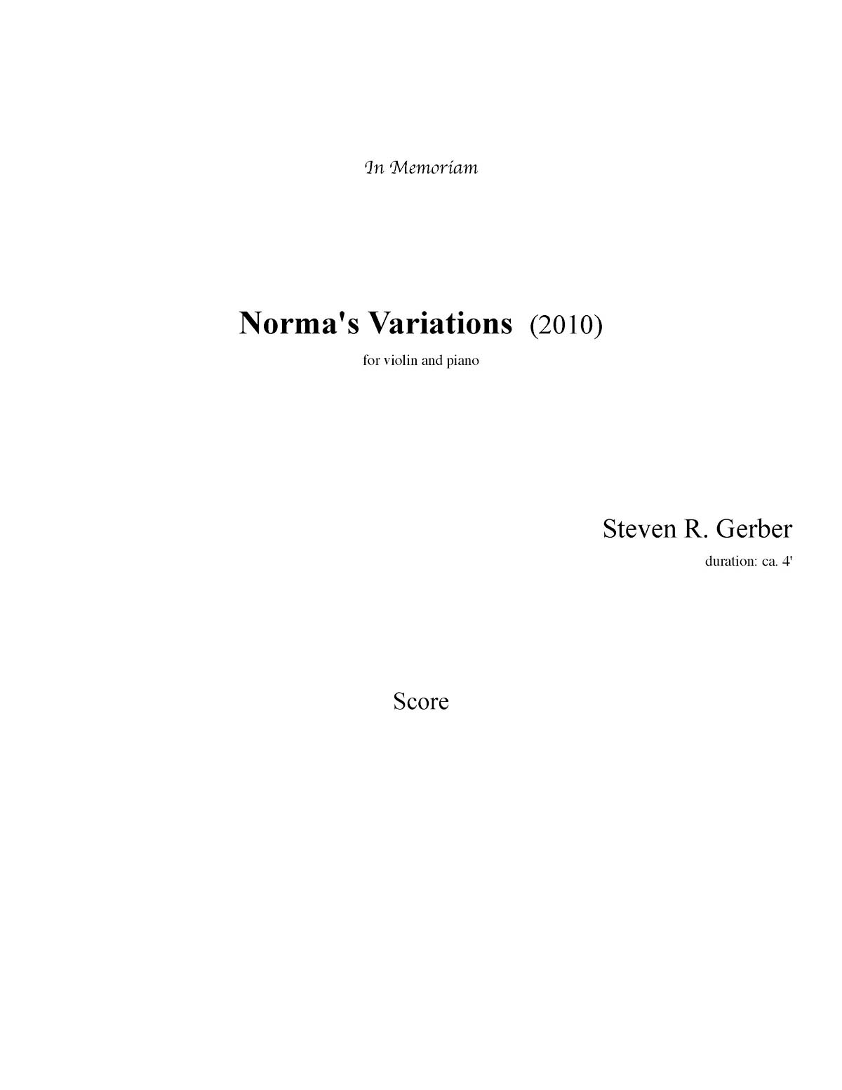 Steven R. Gerber: Norma's Variations for Violin and Piano: Violin and Accomp.:
