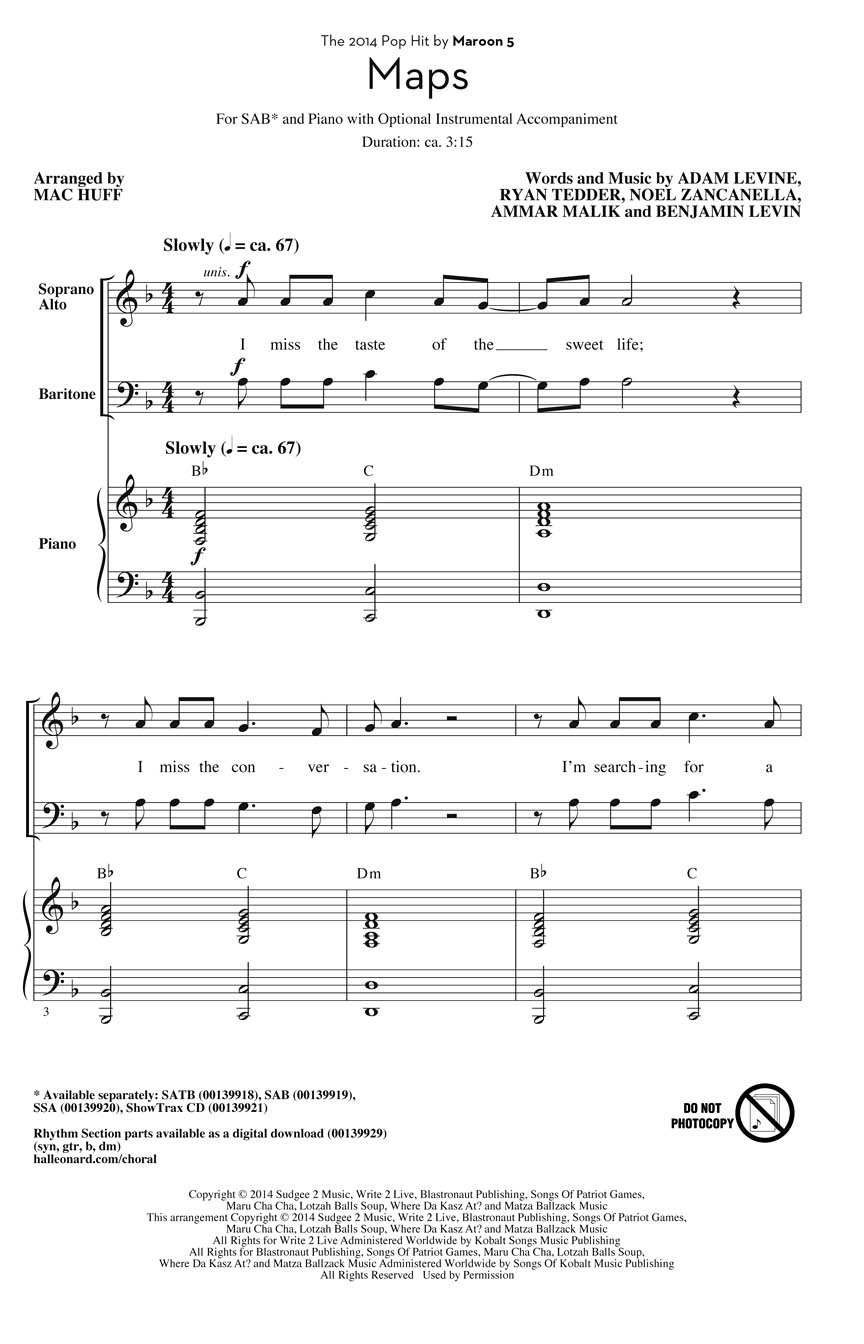 Adam Levine: Maps: Mixed Choir a Cappella: Vocal Score