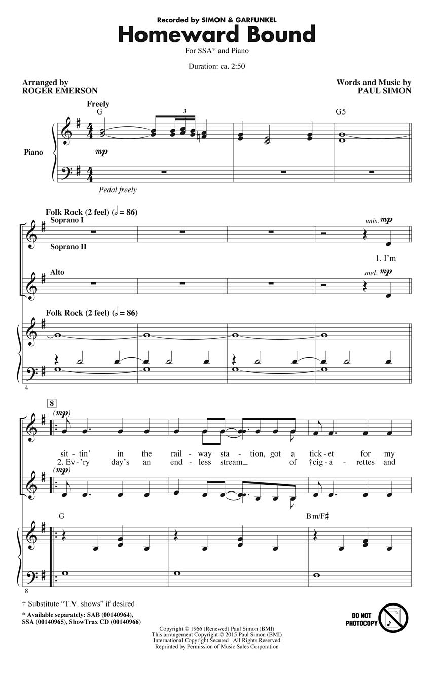 Paul Simon: Homeward Bound: Upper Voices a Cappella: Vocal Score