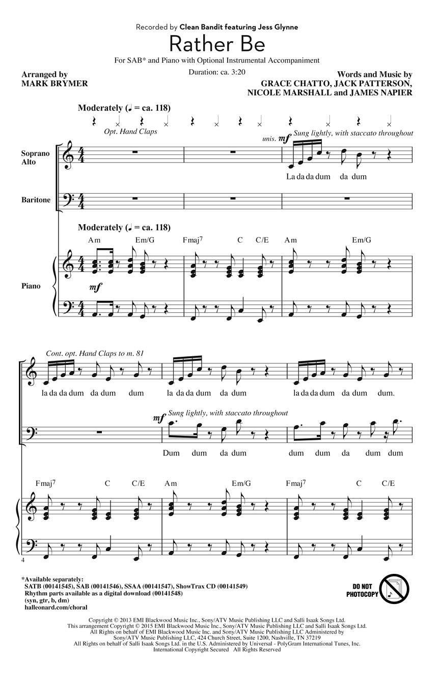 Clean Bandit  Pentatonix: Rather Be: Mixed Choir a Cappella: Vocal Score