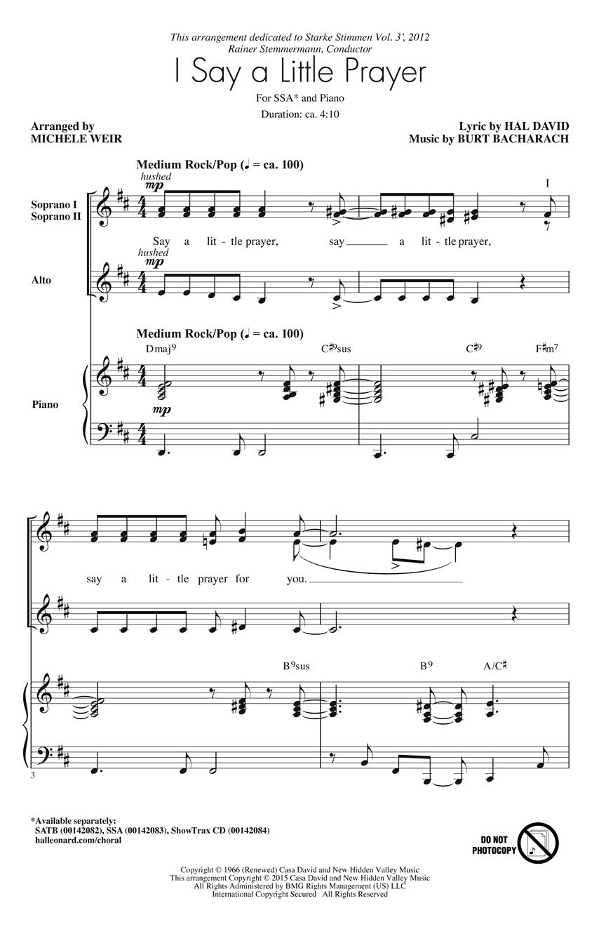 Dionne Warwick: I Say a Little Prayer: Upper Voices a Cappella: Vocal Score