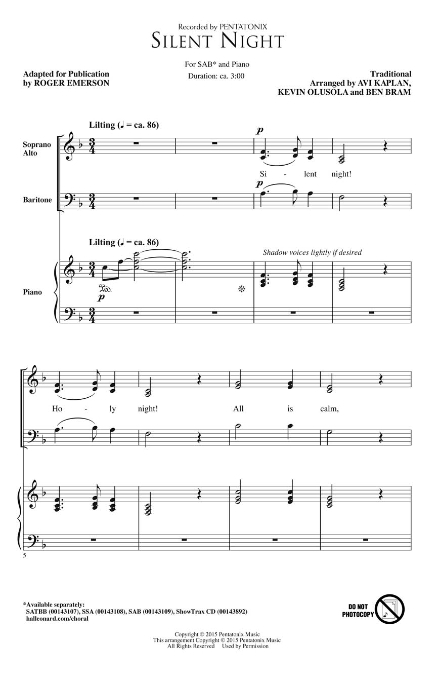 Pentatonix: Silent Night: Mixed Choir a Cappella: Vocal Score