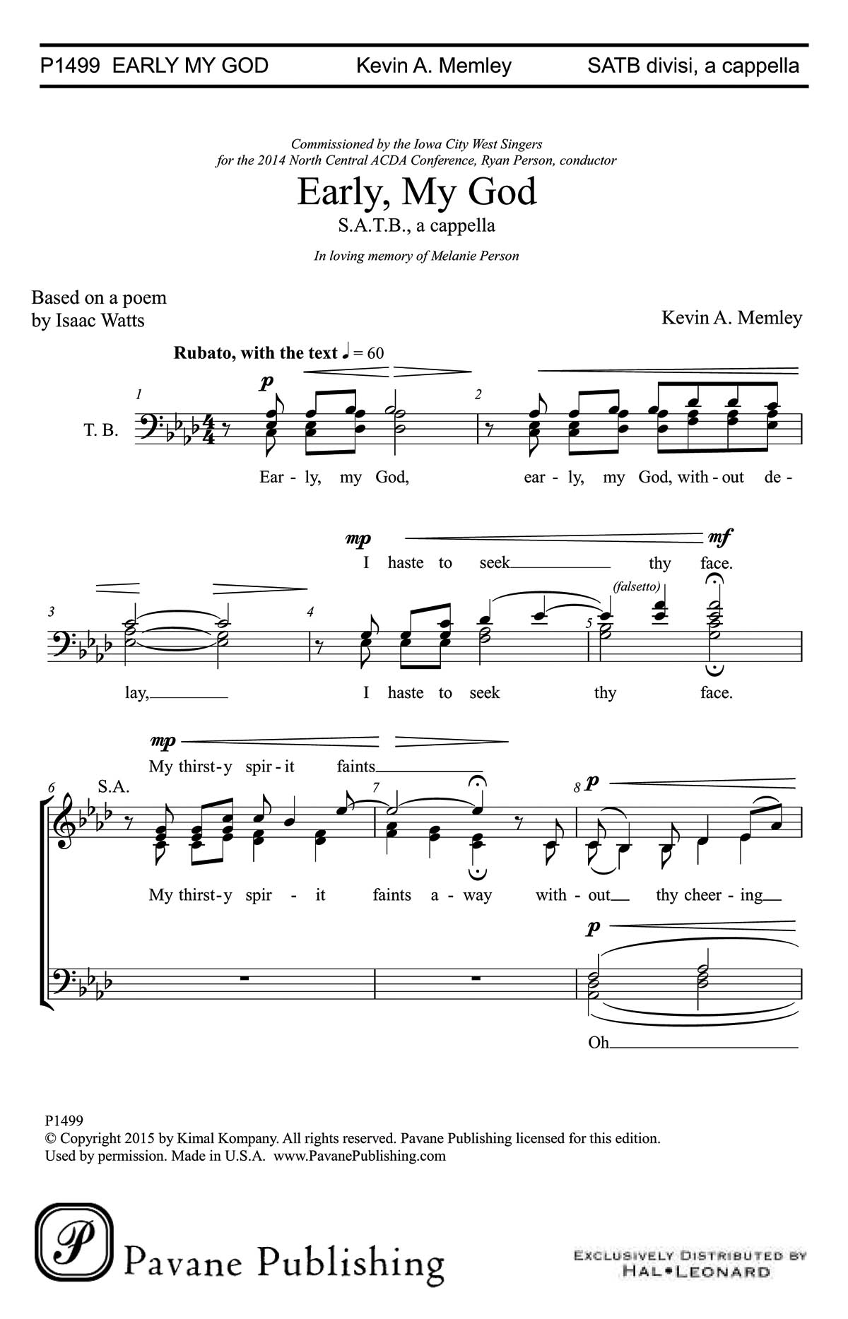 Kevin A. Memley: Early  My God: Mixed Choir a Cappella: Vocal Score