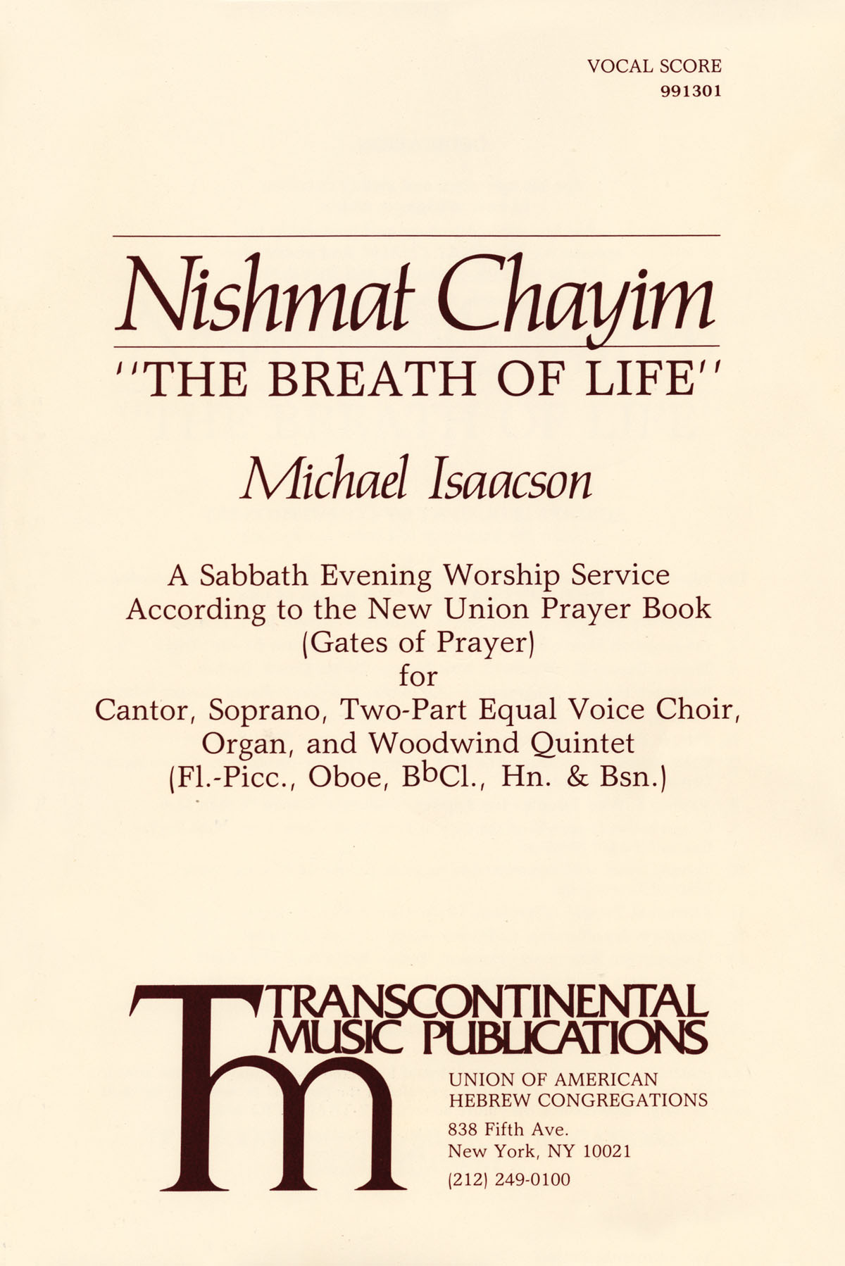 Nishmat Chayim (The Breath of Life): Mixed Choir a Cappella: Vocal Score