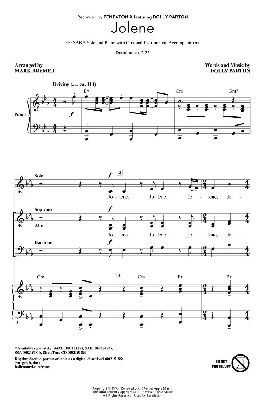Dolly Parton: Jolene: Mixed Choir a Cappella: Vocal Score
