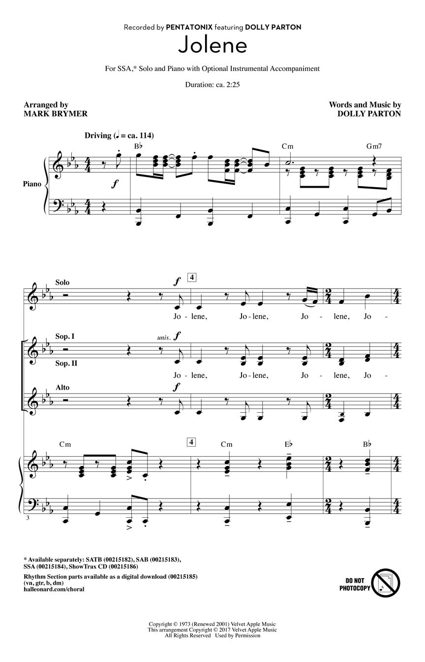 Dolly Parton: Jolene: Upper Voices a Cappella: Vocal Score