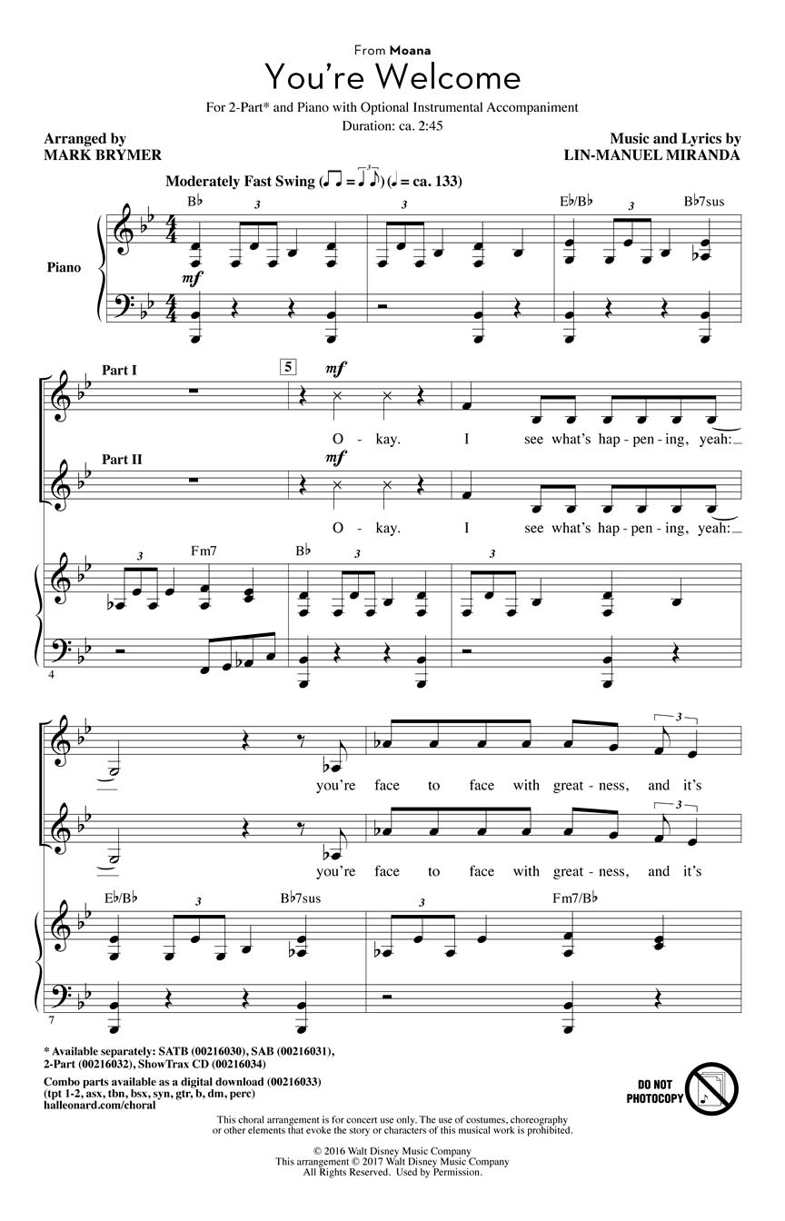 You're Welcome (from Moana): Mixed Choir and Piano/Organ: Vocal Score