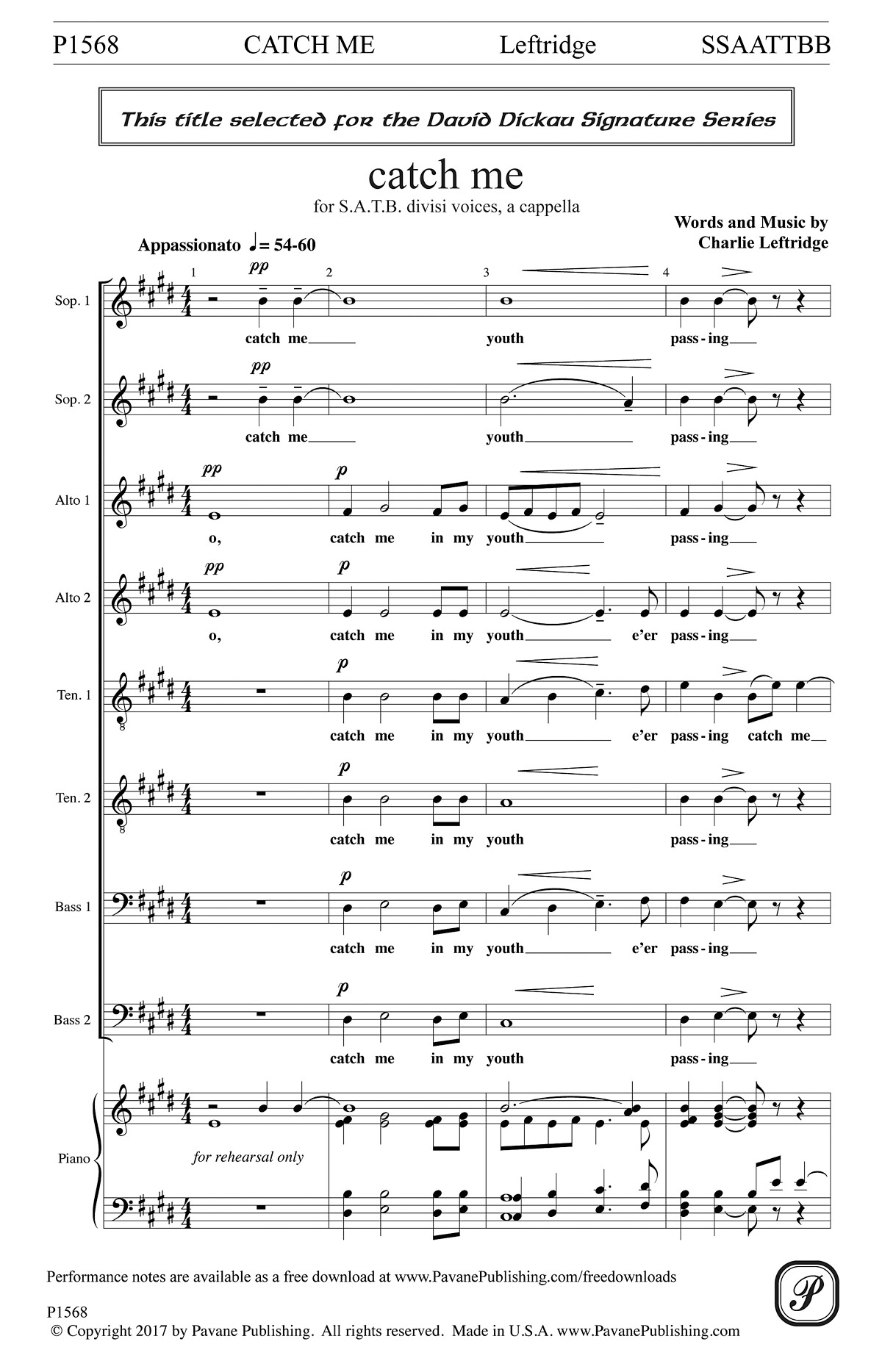 Charlie Leftridge: Catch me: Mixed Choir a Cappella: Vocal Score