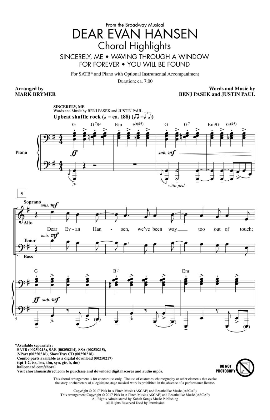 Dear Evan Hansen: Mixed Choir a Cappella: Backing Tracks