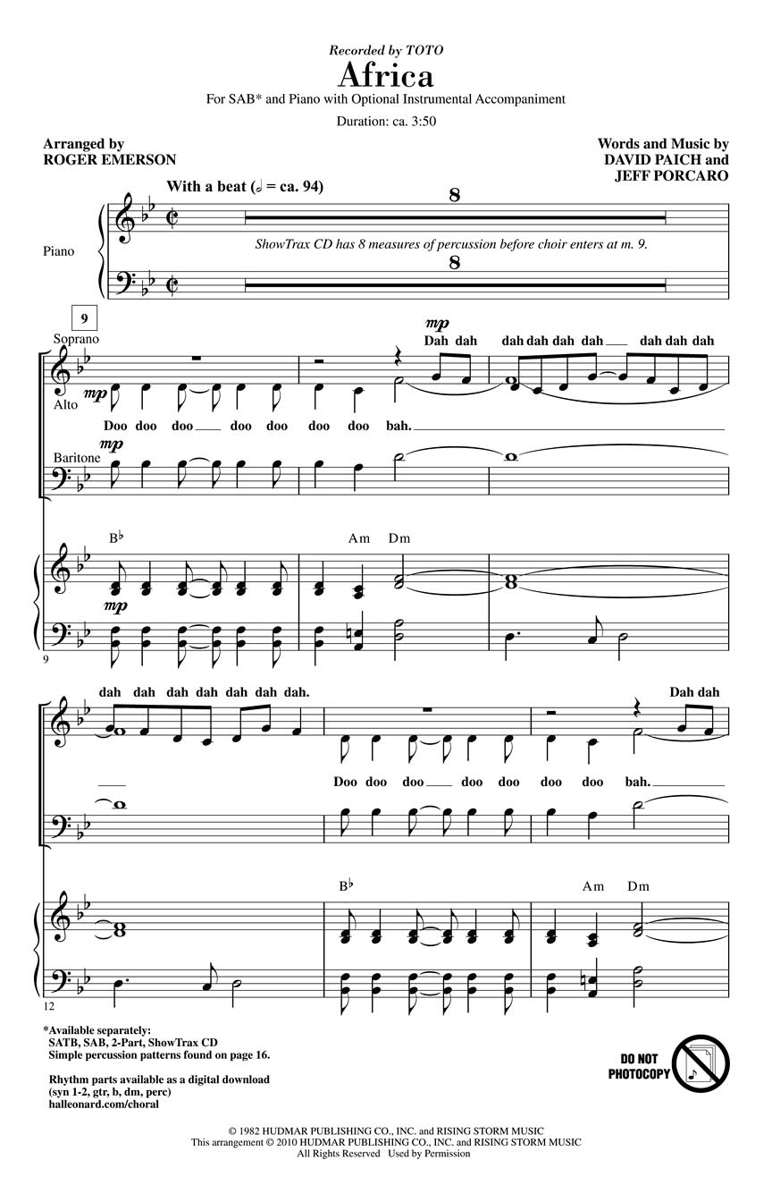 Toto: Africa: Mixed Choir and Piano/Organ: Vocal Score