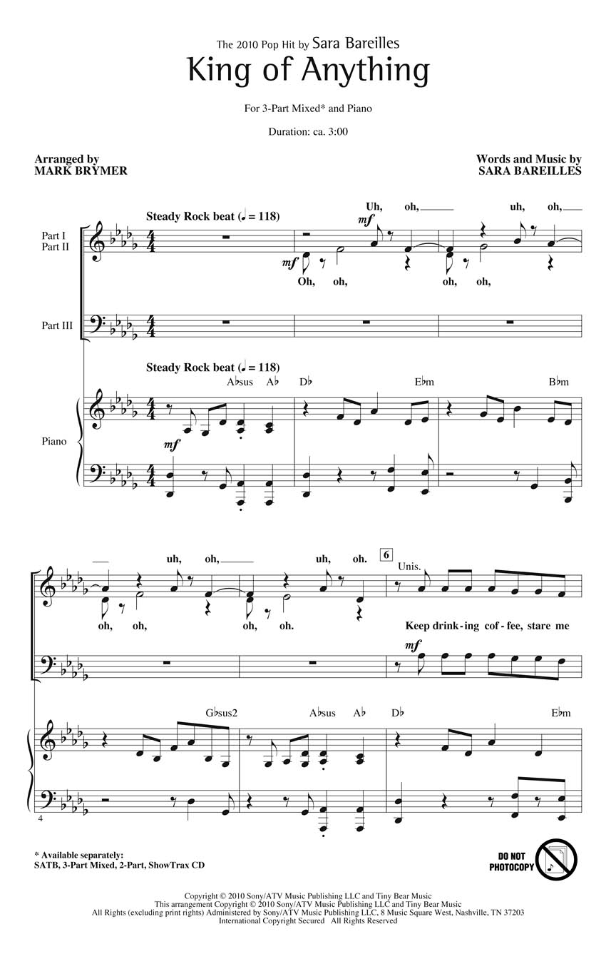 Sara Bareilles: King of Anything: Mixed Choir a Cappella: Vocal Score
