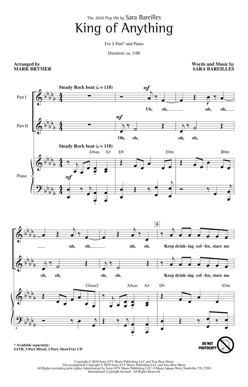 Sara Bareilles: King of Anything: Mixed Choir and Piano/Organ: Vocal Score