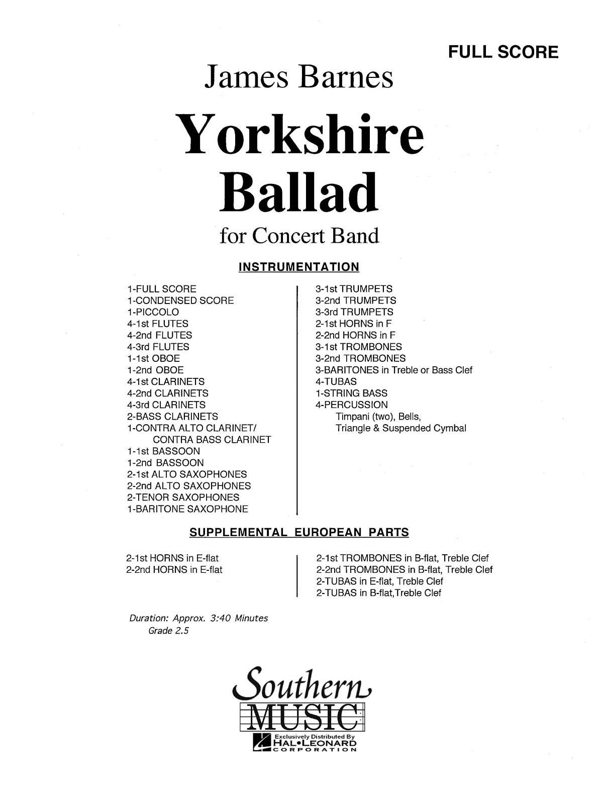 James Barnes: Yorkshire Ballad: Concert Band: Score