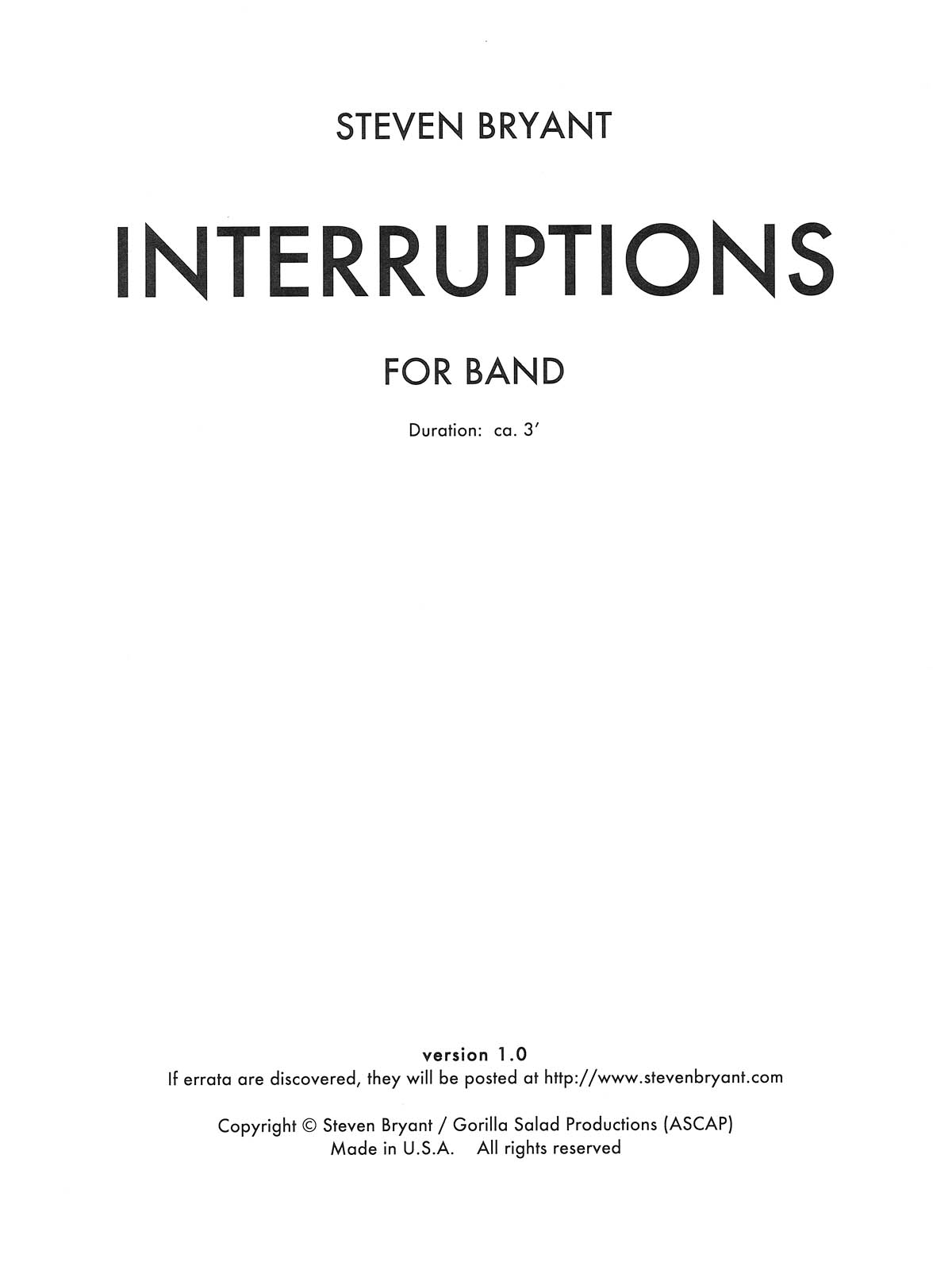 Steven Bryant: Interruptions: Concert Band: Score