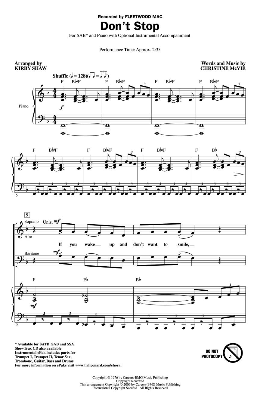 Christine McVie: Don't Stop: Mixed Choir a Cappella: Vocal Score
