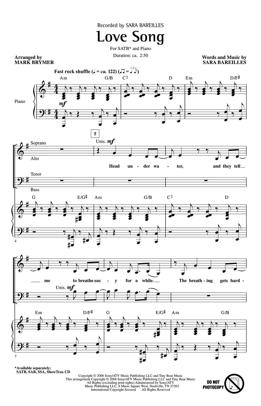 Sara Bareilles: Love Song: Mixed Choir a Cappella