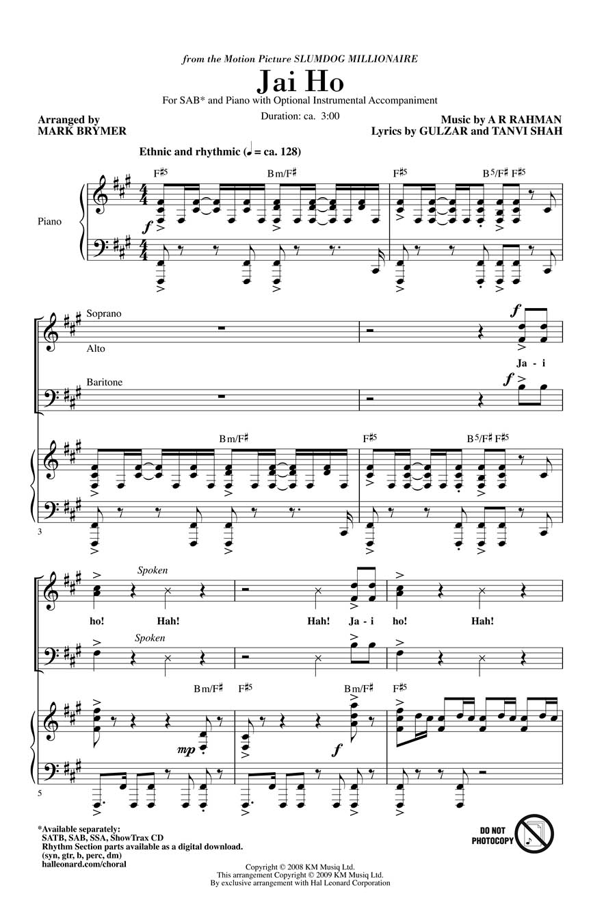 Jai Ho: Mixed Choir and Piano/Organ: Vocal Score