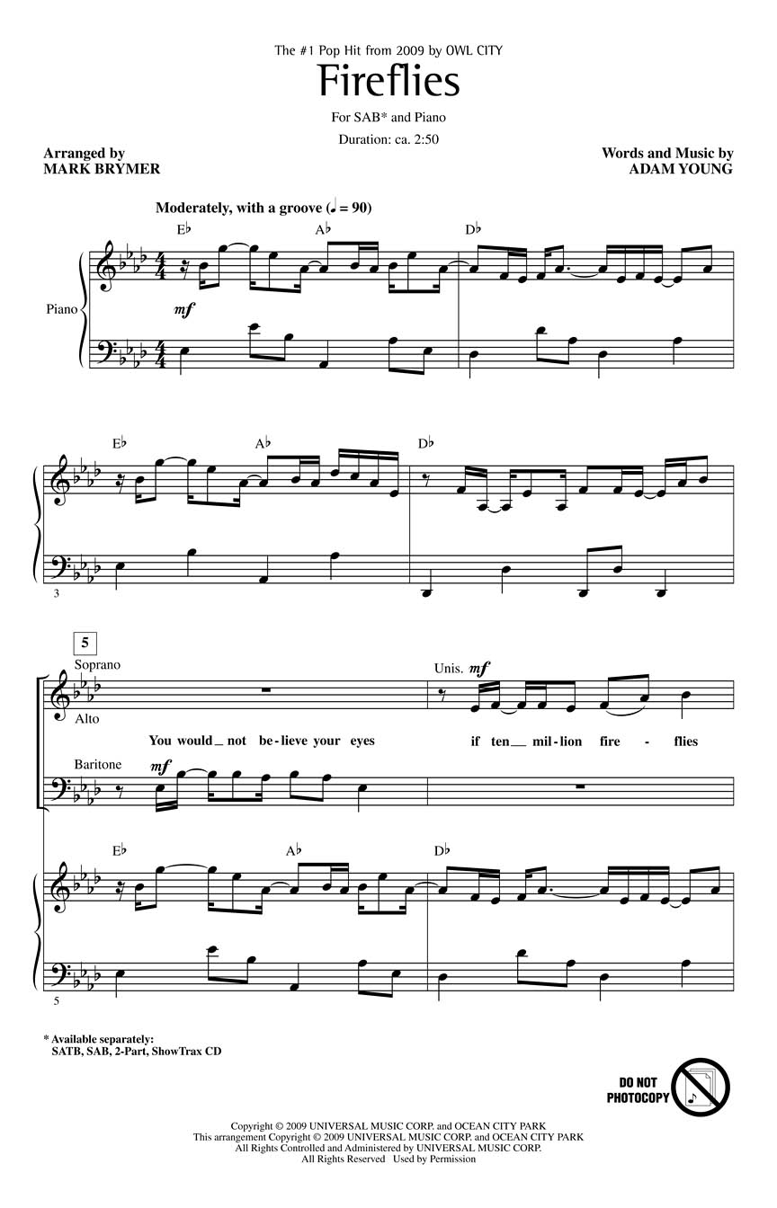 Adam Young: Fireflies: Mixed Choir and Piano/Organ: Vocal Score