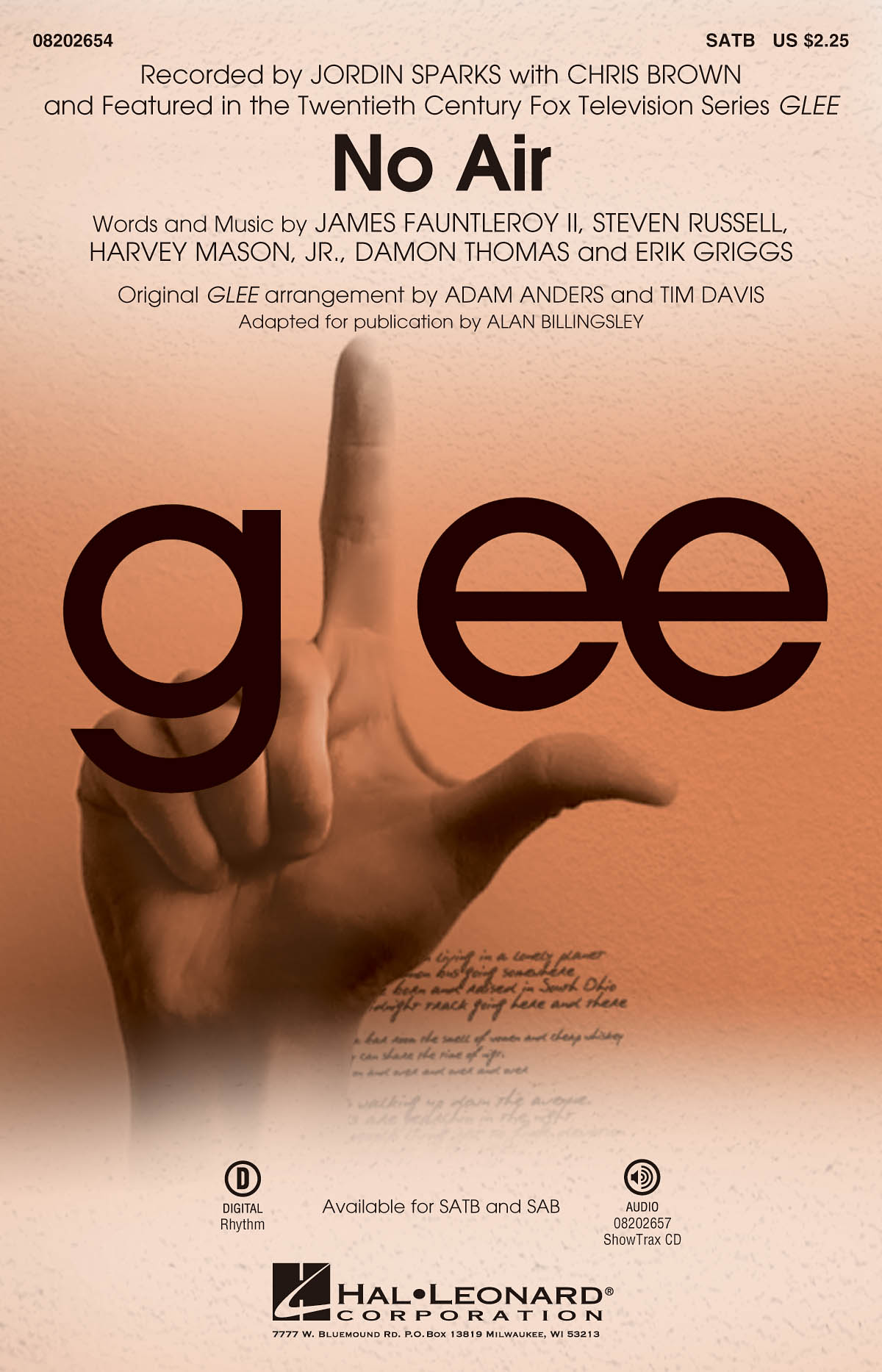 Chris Brown Glee Cast Jordin Sparks: No Air: Mixed Choir a Cappella: Vocal Score