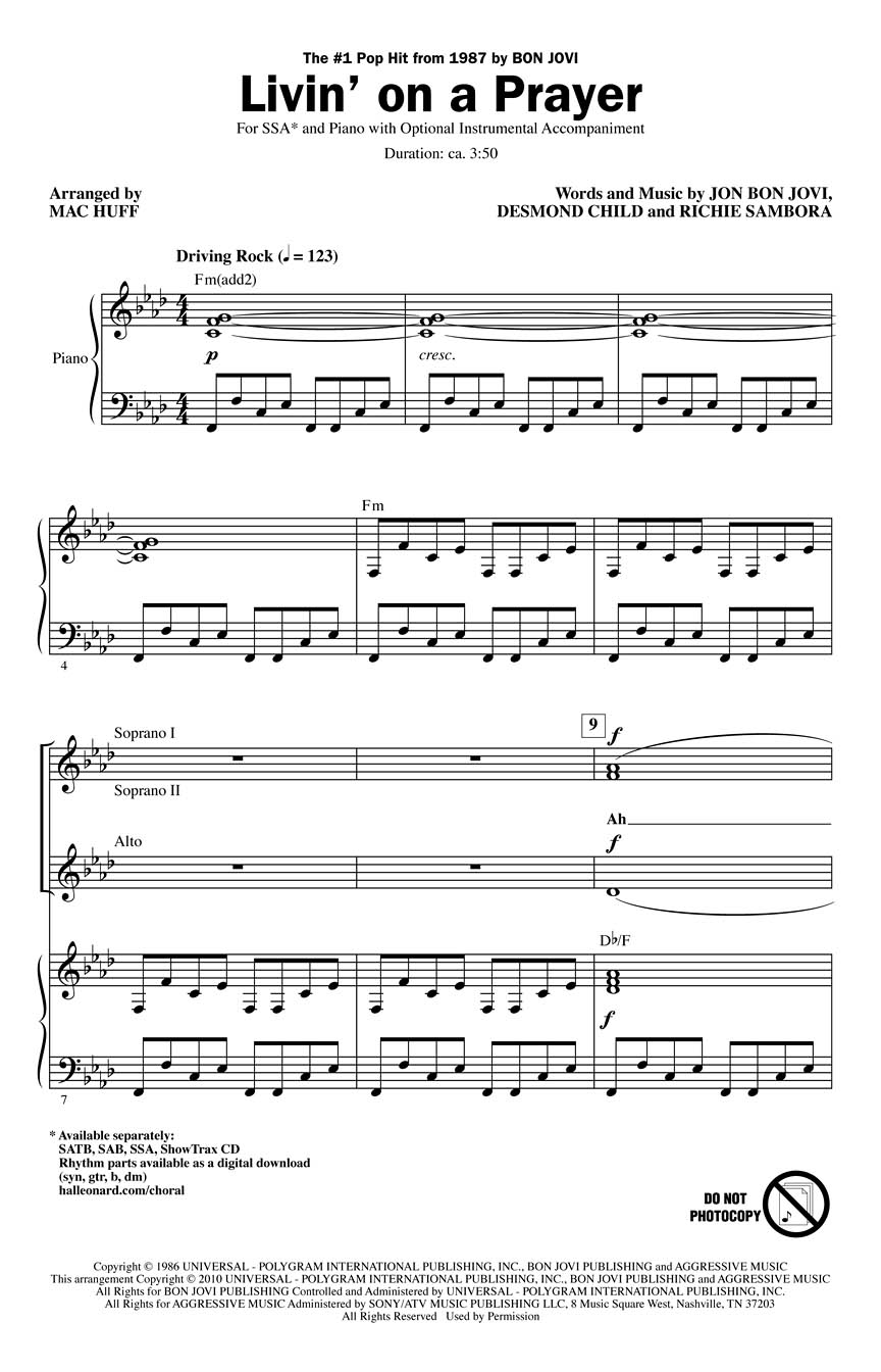 Bon Jovi: Livin' on a Prayer: Upper Voices a Cappella: Vocal Score
