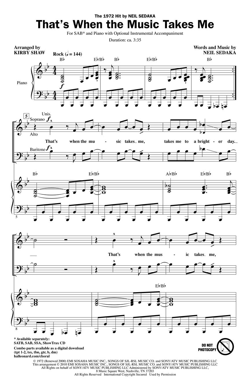 Neil Sedaka: That's When the Music Takes Me: Mixed Choir a Cappella: Vocal Score