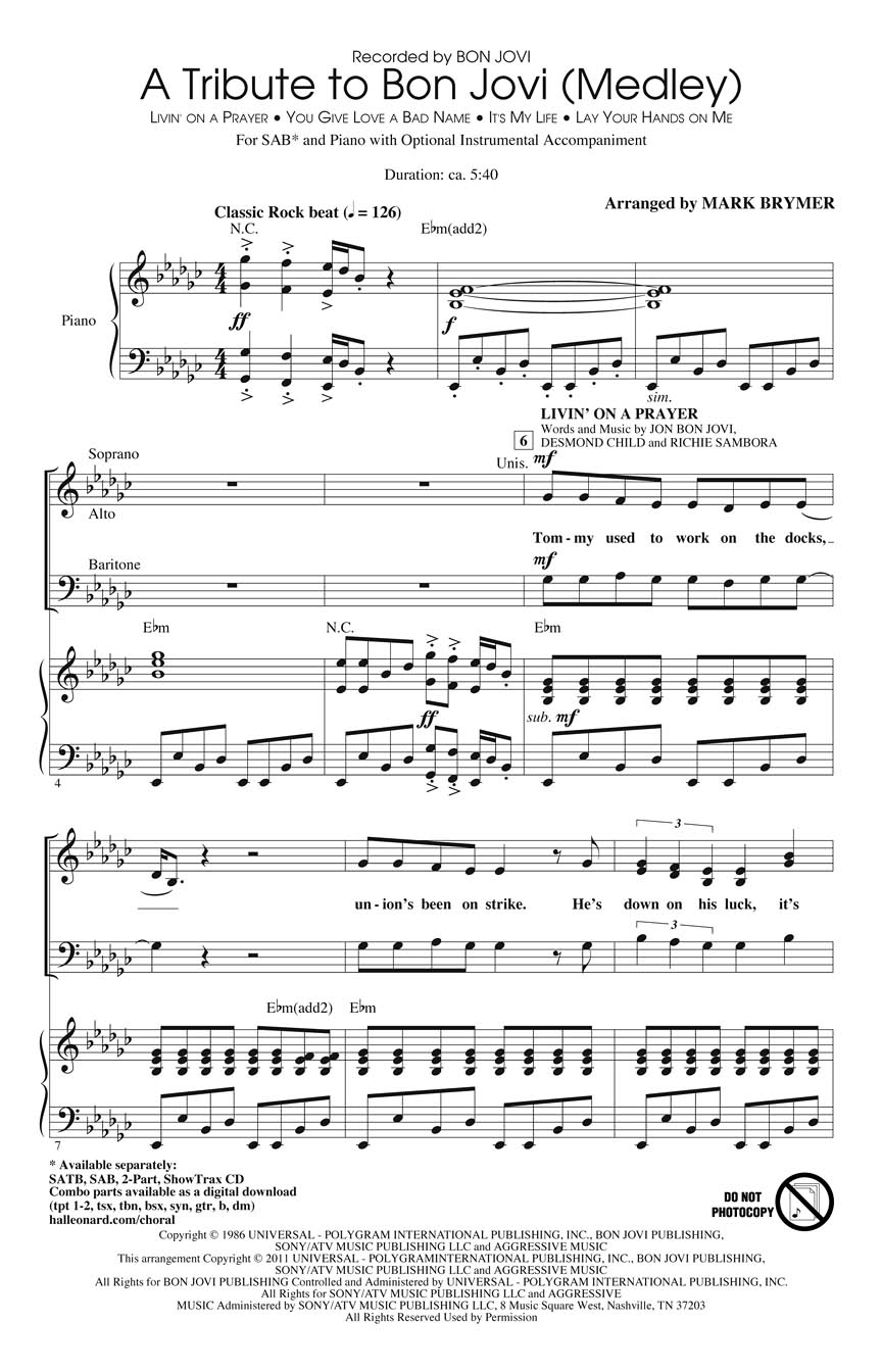 Bon Jovi: A Tribute to Bon Jovi (Medley): Mixed Choir and Piano/Organ: Vocal