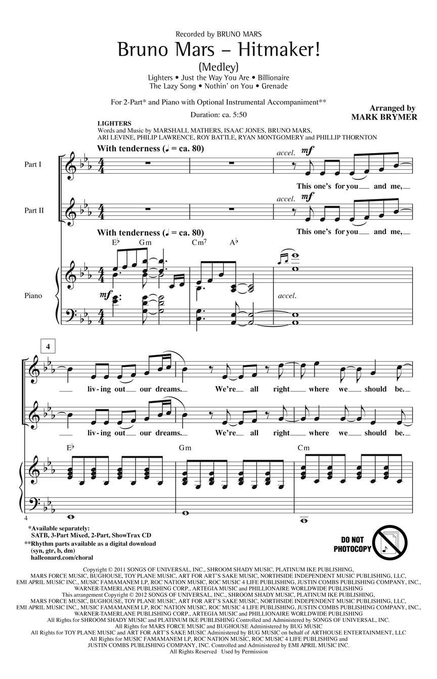 Bruno Mars: Bruno Mars - Hitmaker! (Medley): Mixed Choir and Piano/Organ: Vocal