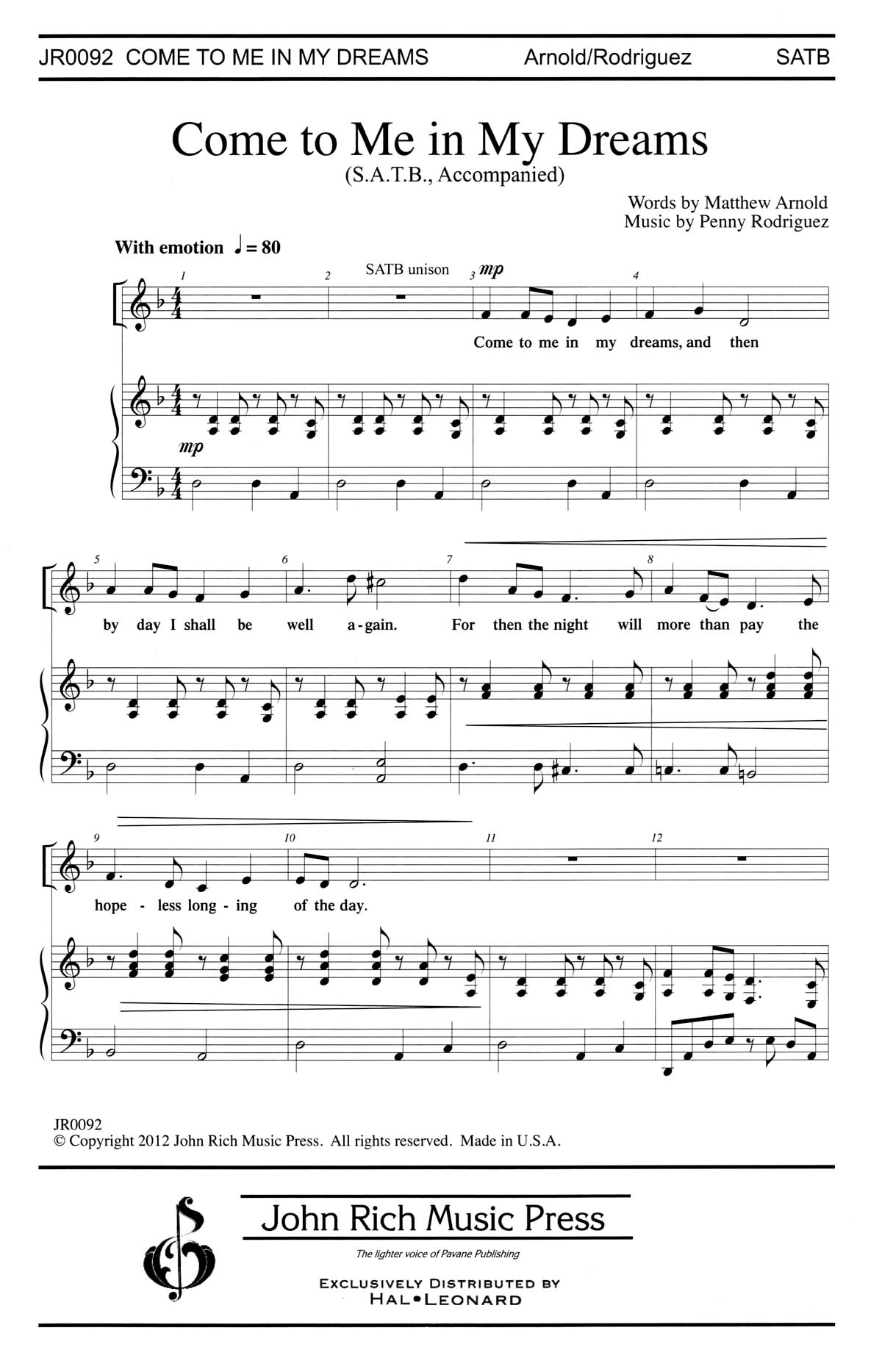 Penny Rodriguez: Come to Me in My Dreams: SATB: Vocal Score