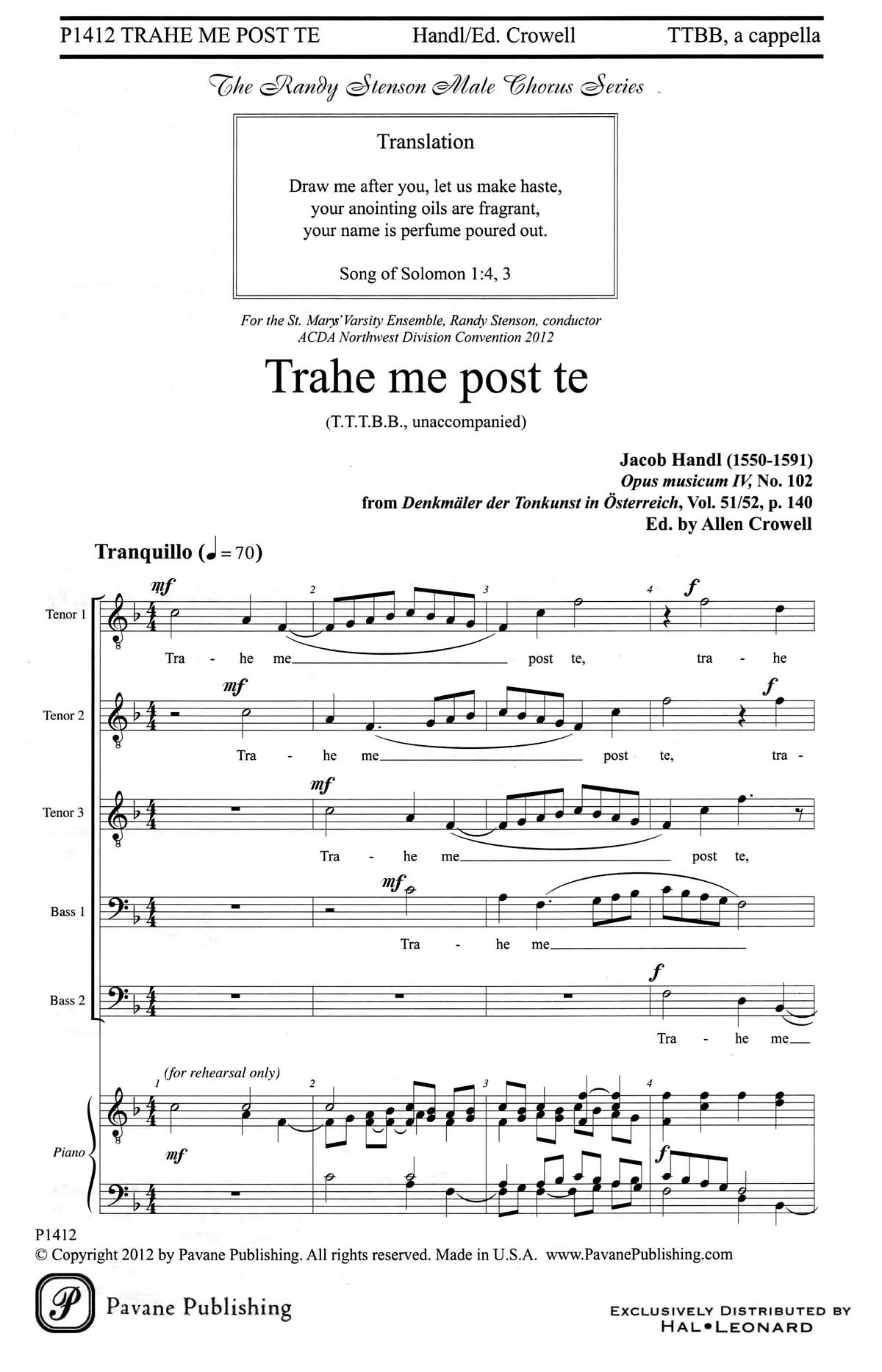 Jacob Handl: Trahe me post te: TTBB: Vocal Score