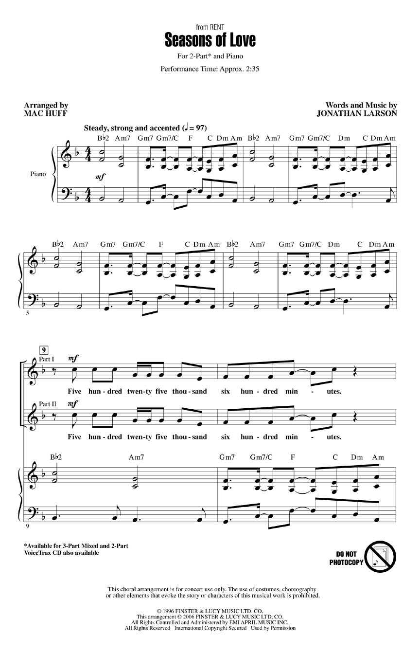Seasons of Love: 2-Part Choir: Vocal Score