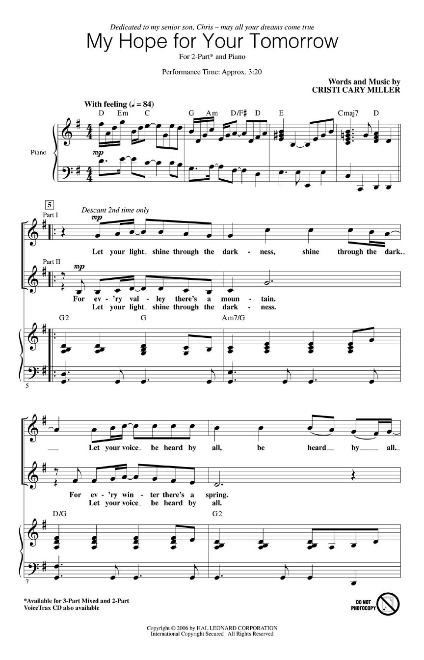 Cristi Cary Miller: My Hope for Your Tomorrow: 2-Part Choir: Vocal Score