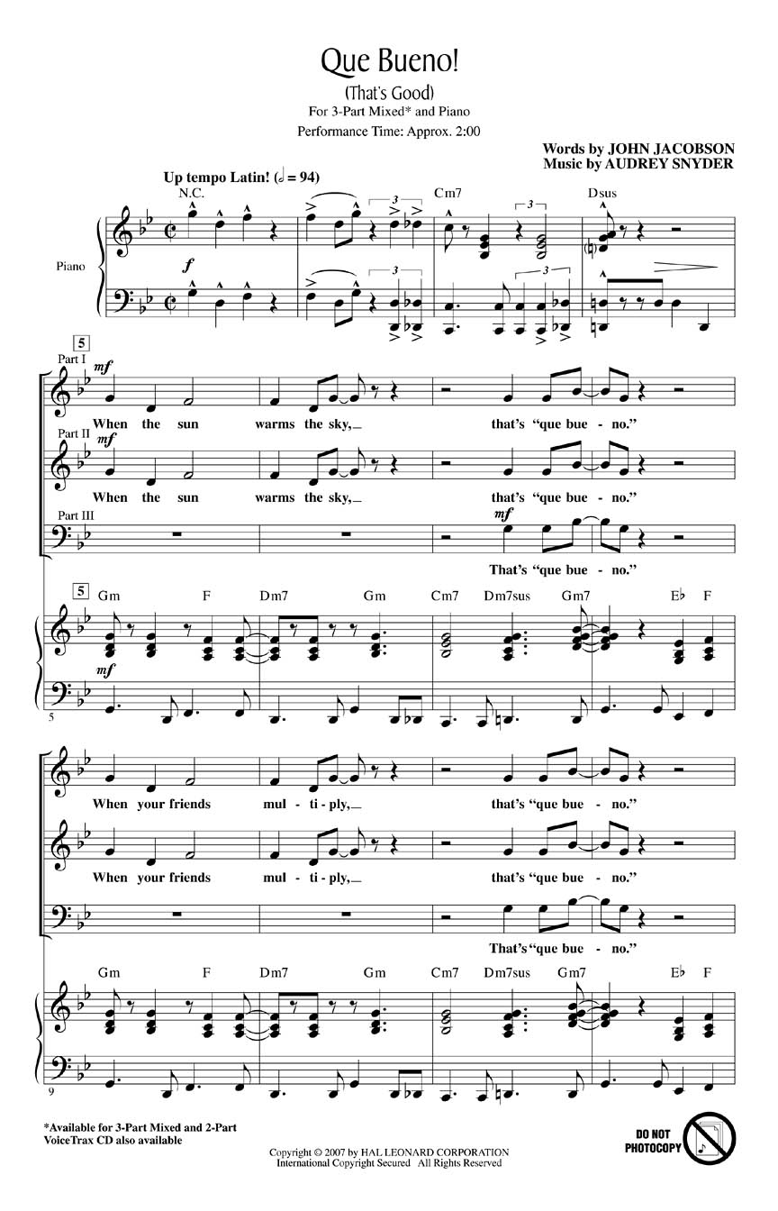 Audrey Snyder John Jacobson: Que Bueno!: 3-Part Choir: Vocal Score