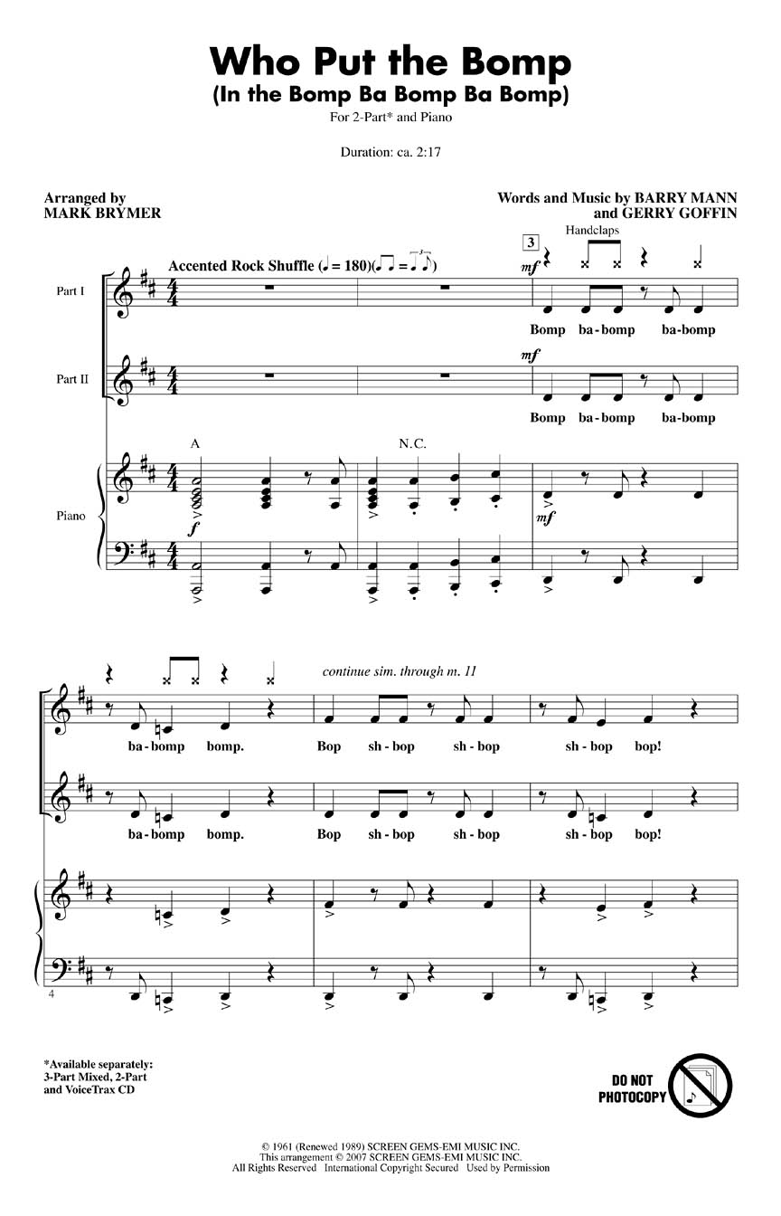 Who Put the Bomp: 2-Part Choir: Vocal Score