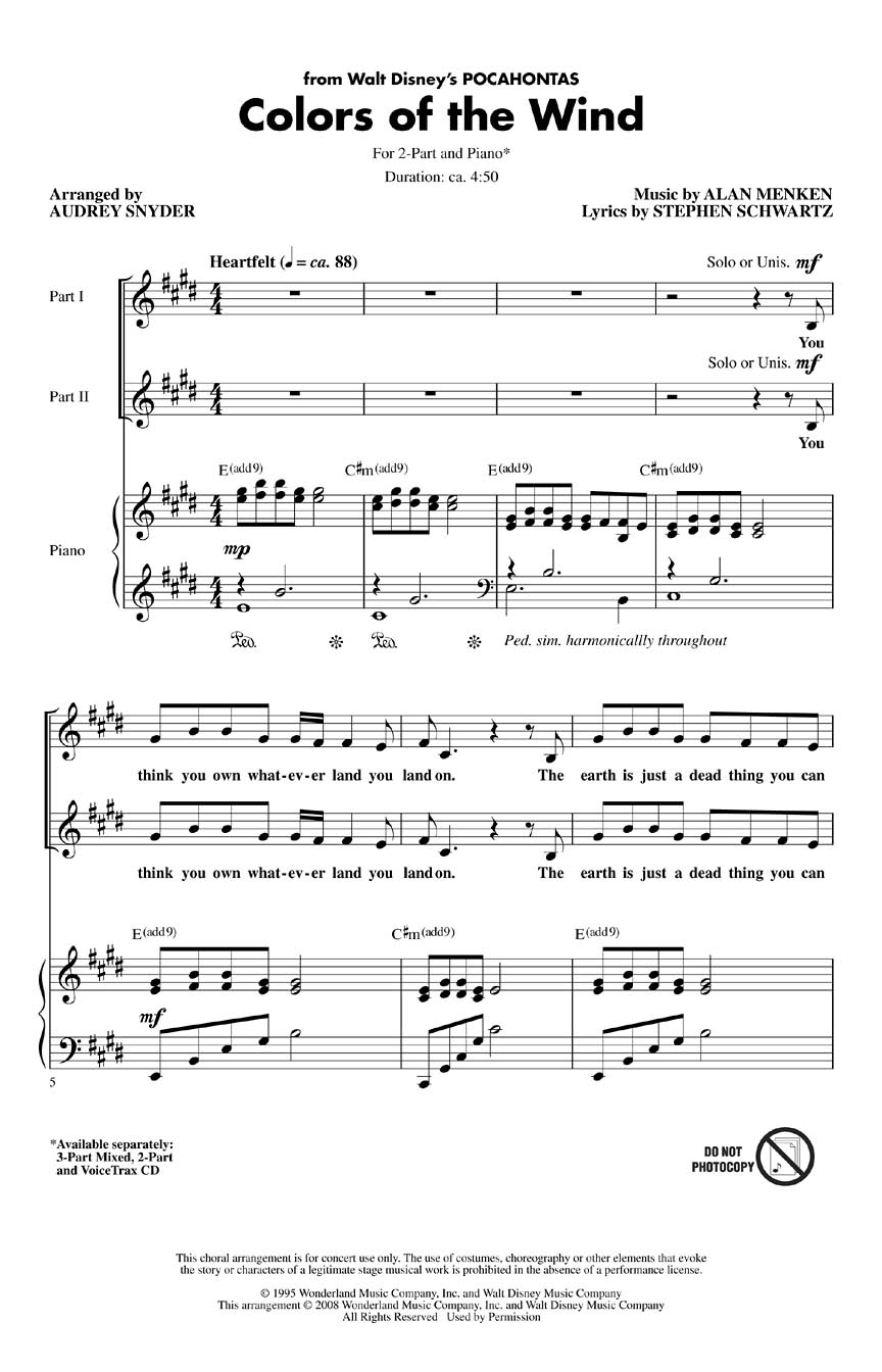 Alan Menken Stephen Schwartz: Colors of the Wind: 2-Part Choir: Vocal Score