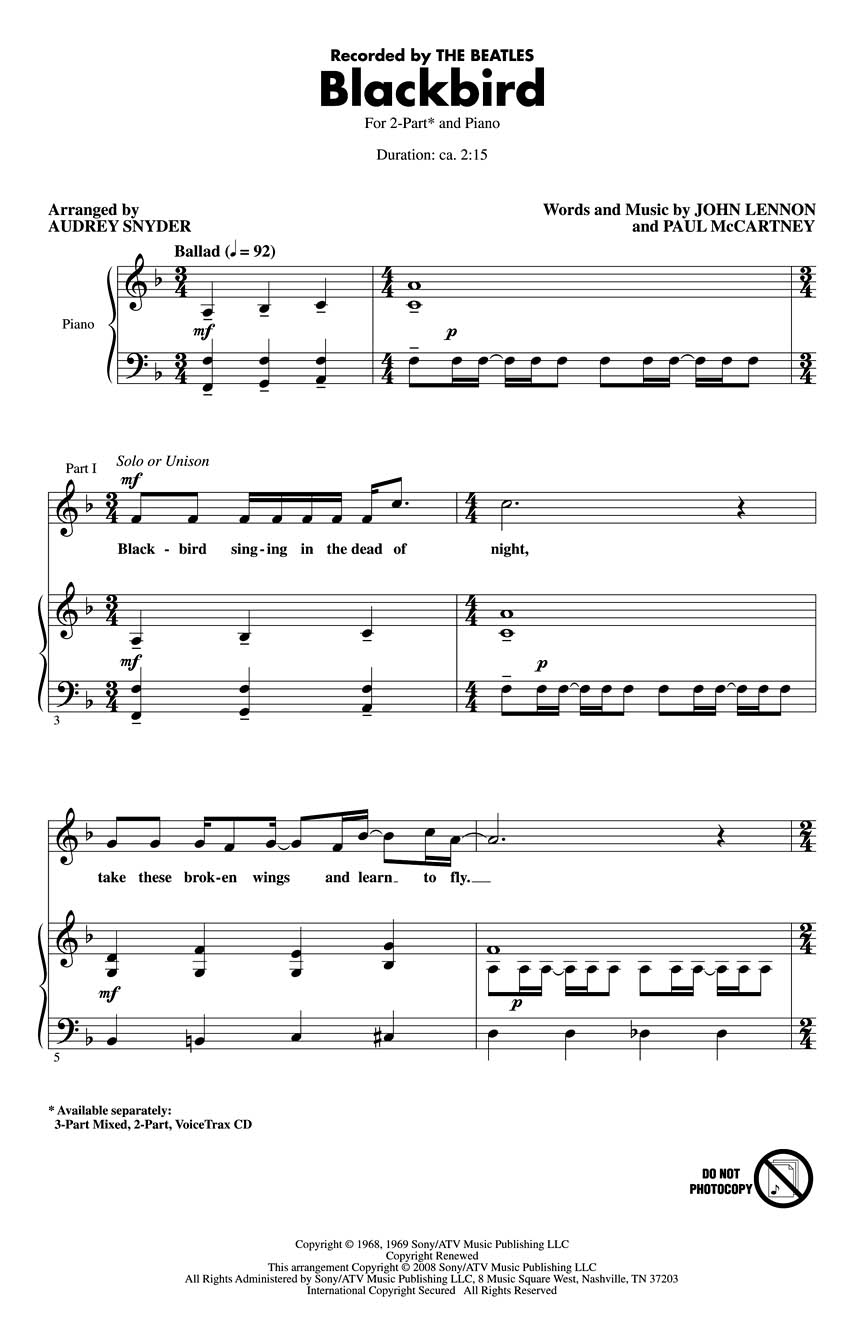 John Lennon Paul McCartney: Blackbird: 2-Part Choir: Vocal Score