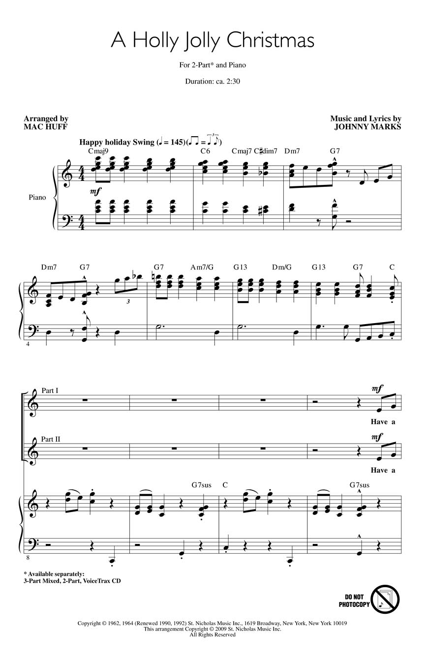 Johnny Marks: A Holly Jolly Christmas: 2-Part Choir: Vocal Score