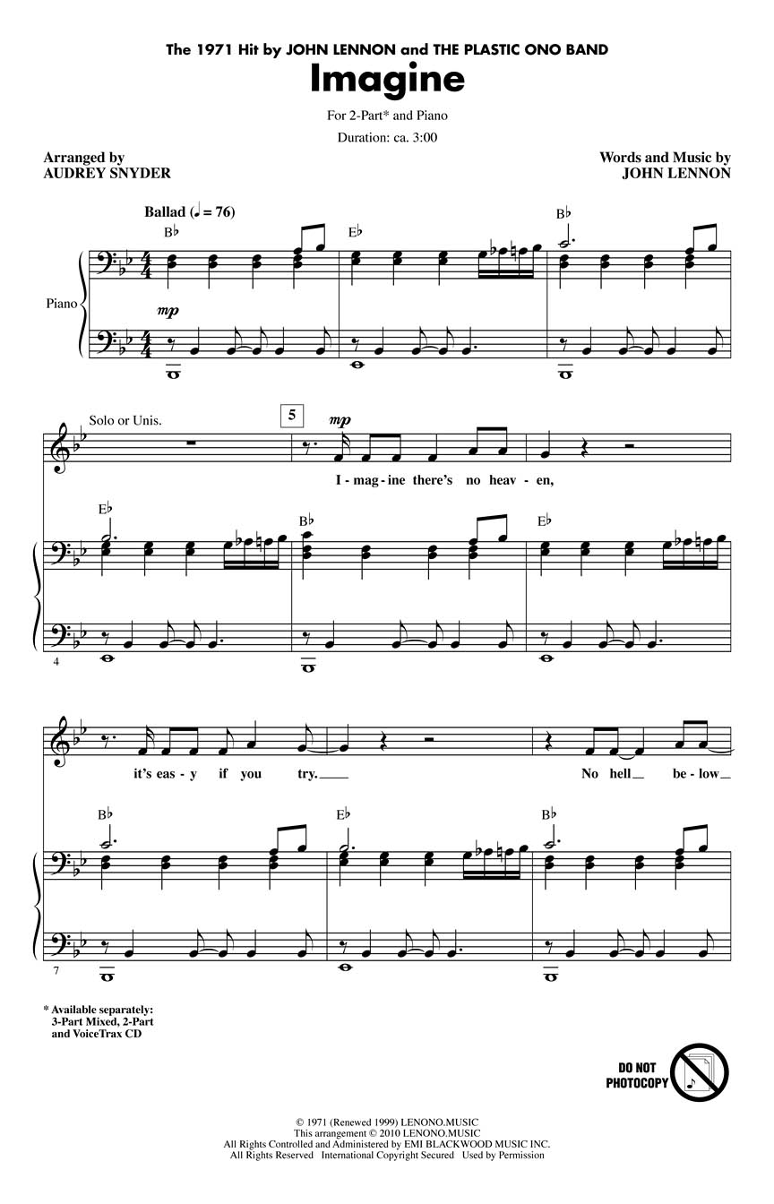 John Lennon: Imagine: 2-Part Choir: Vocal Score