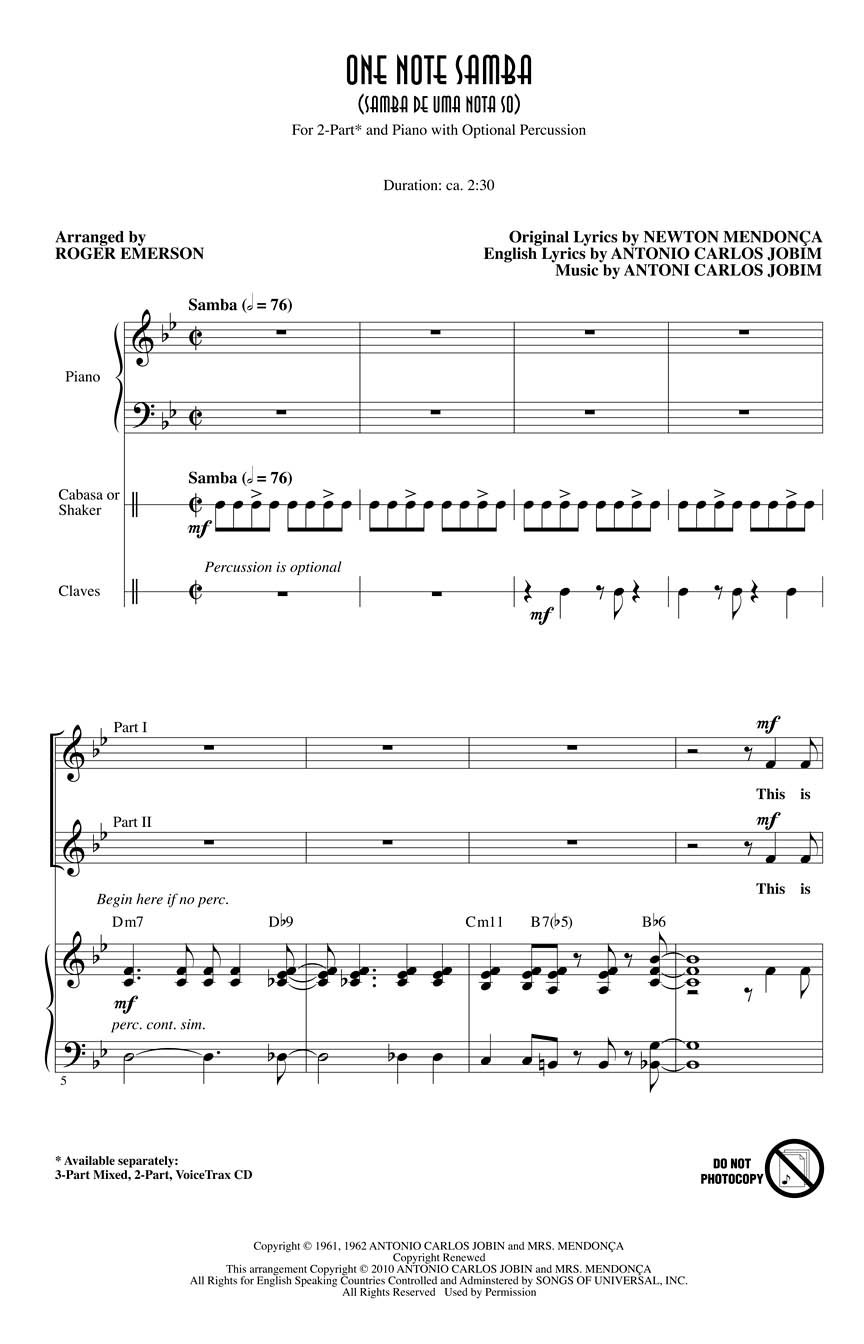 Antonio Carlos Jobim: One Note Samba: 2-Part Choir: Vocal Score