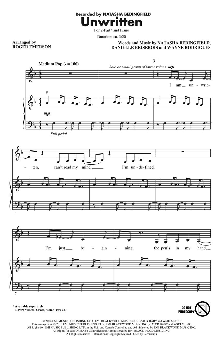 Natasha Bedingfield: Unwritten: 2-Part Choir: Vocal Score