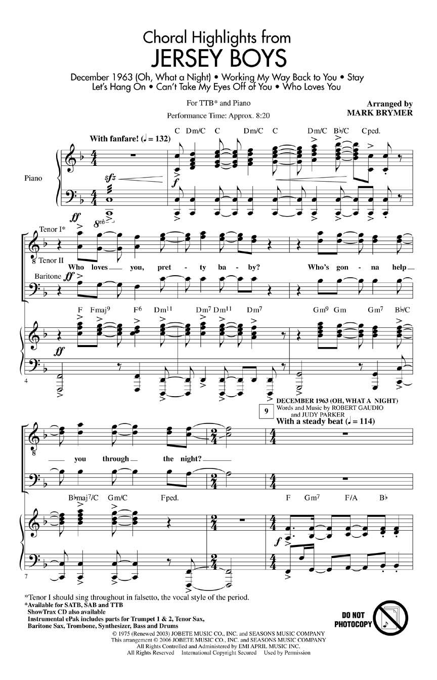 Jersey Boys (Choral Highlights): TTB: Vocal Score