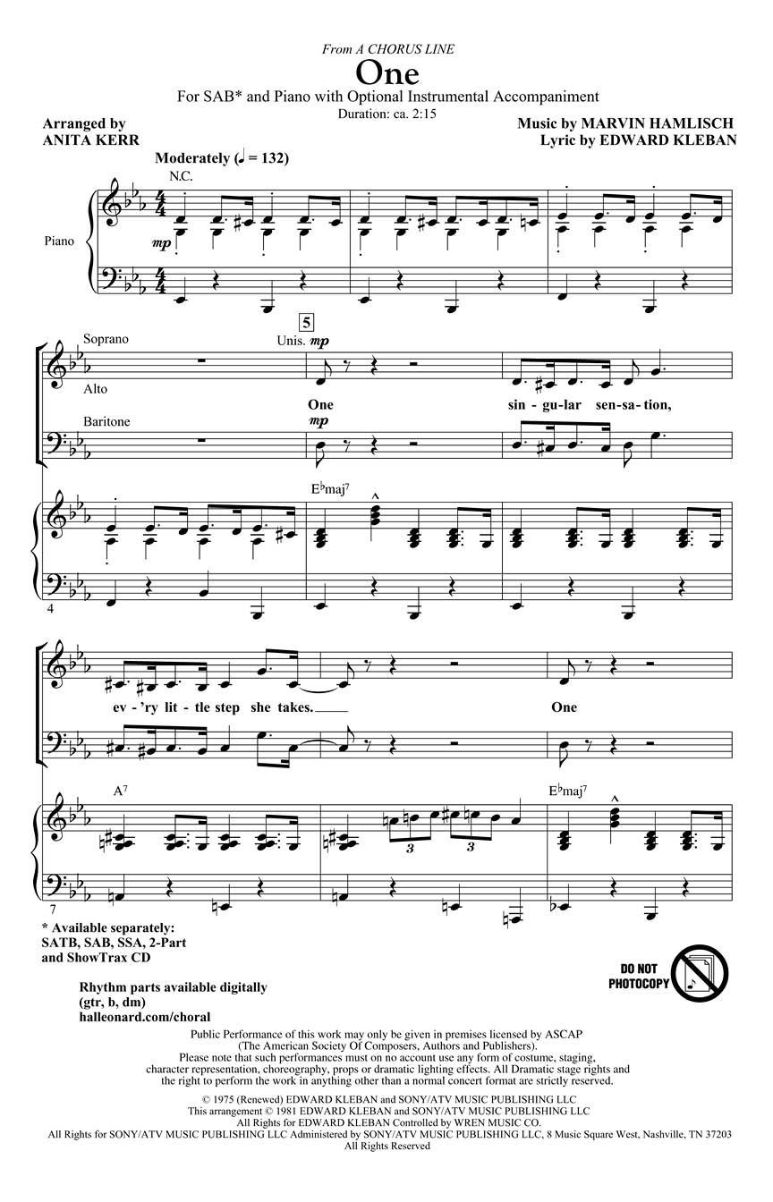 Edward Kleban Marvin Hamlisch: One (from A Chorus Line): SAB: Vocal Score